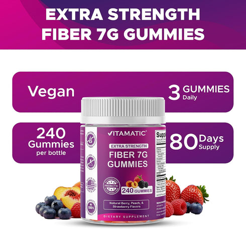 Gummies 7G 240 Gummies, Vitamatic Prebiotic Fiber for Adults, Extra Strength, Zero Sugar Added, Pectin Based Digestive