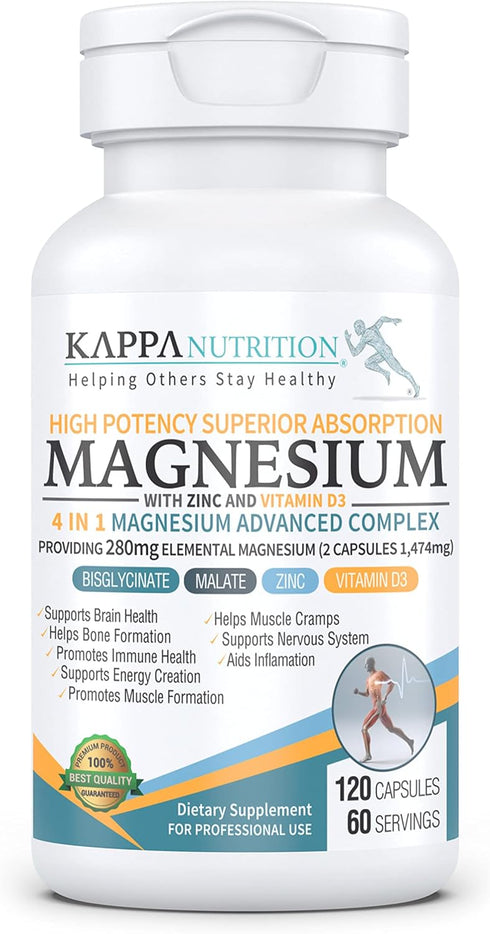 Kappa Nutrition Magnesium Glycinate, Bisglycinate, Malate, Zinc, Vitamin D3, 120 Capsules, 280mg Elemental