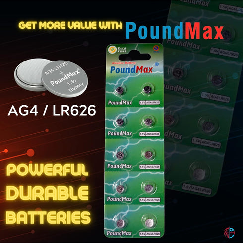 PoundMax AG4 LR626 1.5v 10 Count Batteries Alkaline Button Cell Battery