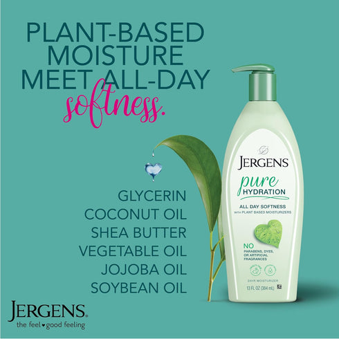 Jergens Pure Hydration Body Lotion, Plant-Based Moisturizer for Dry Skin, 13 oz Pump Bottle, Fragrance-Free