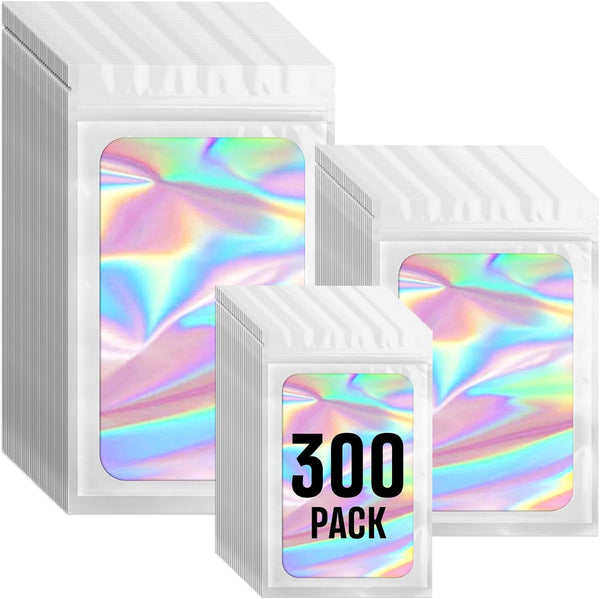 Funfery 300 Pack Mylar Holographic Bags with Clear Window, Resealable Smell Proof Zipper Foil Bags