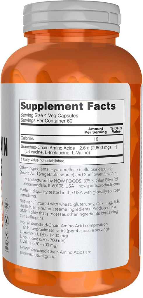 NOW Foods Sports Nutrition, Branched Chain Amino Acids, 240 Veg Capsules, With Leucine, Isoleucine, Valine