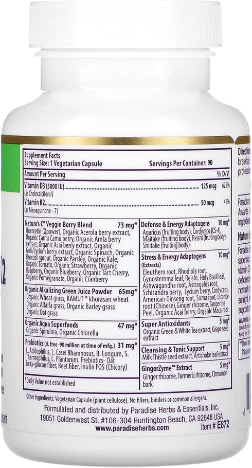 Paradise Herbs Earth's Blend Vitamin D3 + K2, Superfoods Base of Probiotics and Organic Alkalizing Greens, Veggies & Berries, 90 Vegetarian Capsules