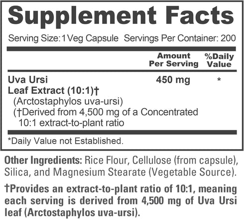 NusaPure Uva Ursi 10:1 Extract, 450 mg Equivalent to 4,500mg, 200 Vegetarian Caps (Non-GMO, Vegan)