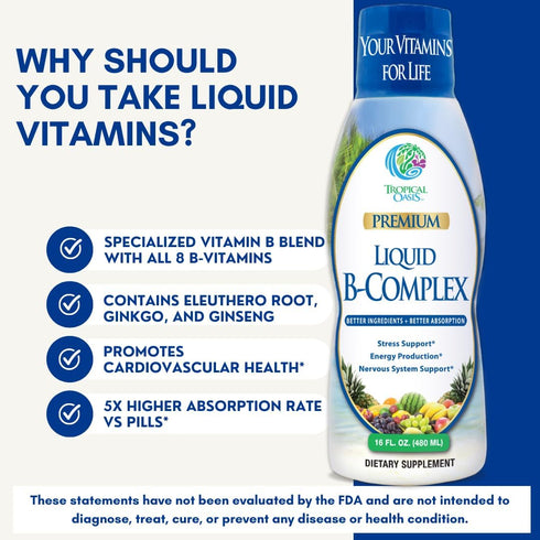 Premium Liquid B Complex Vitamin - Fast Absorbing Supplement with All 8 B-vitamins, Vegan, NON-GMO - 16oz