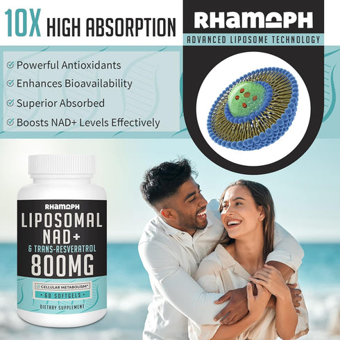 Liposomal NAD+ 800 mg with Trans-Resveratrol 300 mg: Max Absorption Supplement for Healthy Aging, 60 Softgels