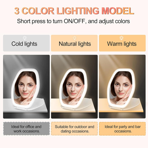 Travel Makeup Mirror with Light, 3 Color Lighting Portable Mirror, Touch Screen Rechargeable LED Lights Vanity - White