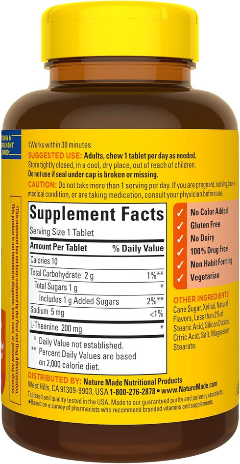 Nature Made Chewable L-Theanine 200mg - 50 Chewable Tablets for Stress Relief, 50 Day Supply