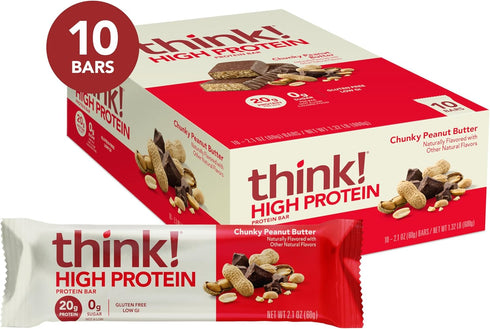 think! Protein Bars - Gluten Free, Kosher Friendly, Chunky Peanut Butter, 2.1 Oz, 10 Count (Packaging May Vary)