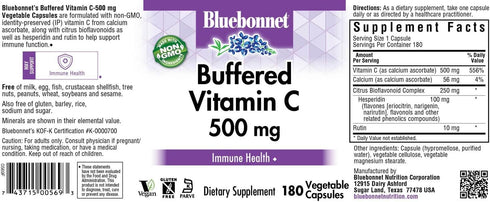 Bluebonnet Nutrition Buffered Vitamin C-500 mg Vegetable Capsules, 180 Capsules, Vegan
