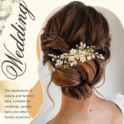 JAKAWIN Bridal Hair Comb, Pearl Flower Hair Piece, Rhinestone Hair Accessories for Women HC034 (Gold)