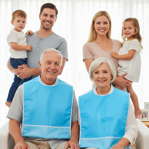 WJIAAA 23.6 14.3in Adult Bibs for Elderly Women Men, Blue Waterproof Oil-Proo Bibs with Chip Collector Wipe-Clean