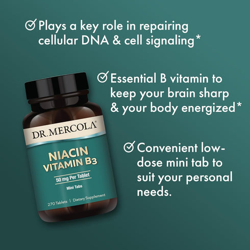 Dr. Mercola Niacin Vitamin B3, 90 Servings (270 Tablets), Essential B Vitamin, Dietary Supplement, Non-GMO