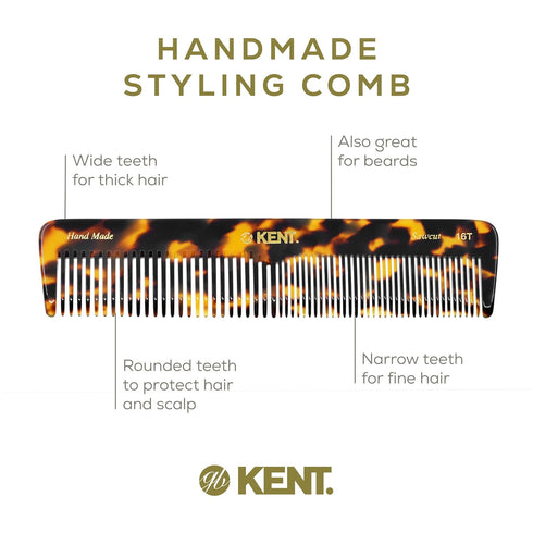 Kent 16T Fine Tooth Comb and Wide Tooth Comb, Beard Comb and Hair Comb for Men and Women, Detangling Comb