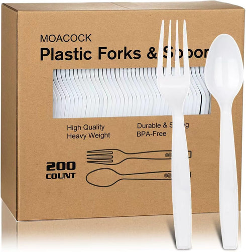 200 Count Heavy Weight White Plastic Silverware, Disposable Forks, Spoons Cutlery Set for Wedding Party Supplies