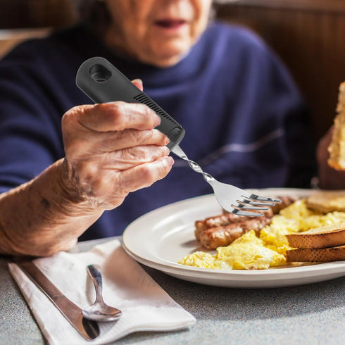 Beavorty Adaptive Utensils, 3pcs Curved Spoon Fork Set with Non-Handles for Elderly with Hand Tremors
