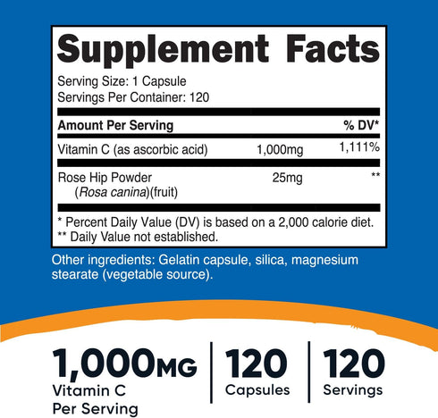Nutricost Vitamin C with Rose Hips 1025mg, 120 Capsules - Vitamin C 1000mg, Rose Hips 25mg, Premium, Non-GMO, Gluten Free Supplement