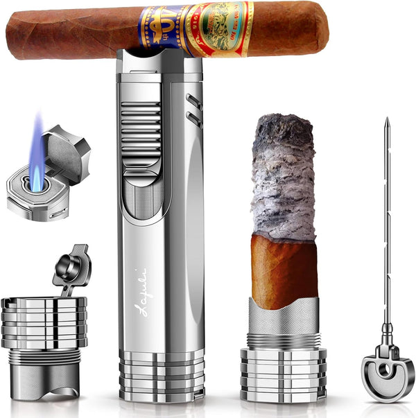 Cigar Lighter, Cigar Punch, Cigar Draw Enhancer, Cigar Holder, All-in-one Refillable Butane Torch Lighter (Gas Not
