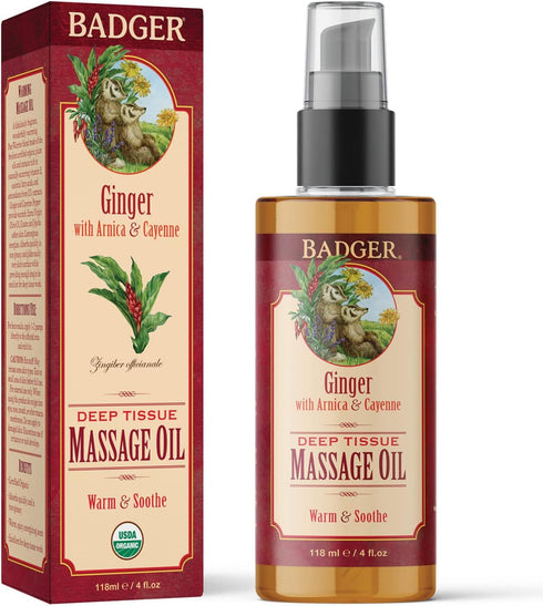 Badger Ginger Massage Oil, 100% Organic, 4 fl oz Glass Bottle, w/Arnica Oil & Cayenne for Deep Tissue Relief
