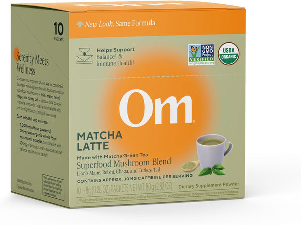 OM MUSHROOM SUPERFOOD Matcha Latte Blend Green Tea Mushroom Powder with Lions
