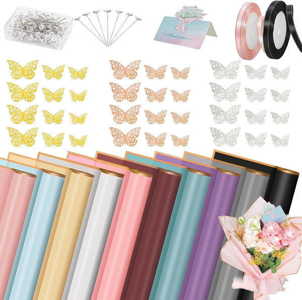 REAXYZNN 235 Pcs Waterproof Flower Bouquet Wrapping Paper for DIY Craft, Florist Supplies with Decorations