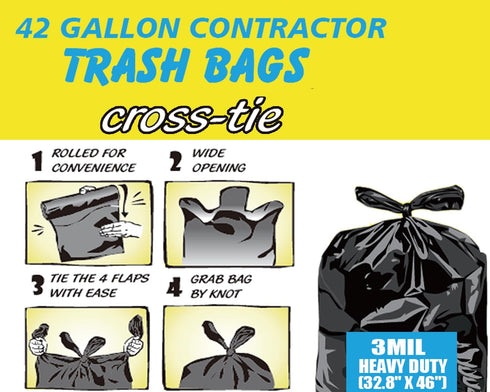 Contractor Heavy Duty Trash Bags, 42 Gallon, 10 Count, Large Black Flap Tie Construction Garbage Bags