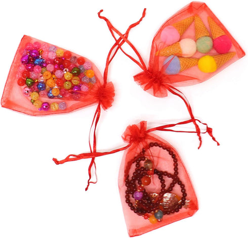 100Pcs Red Organza Gift Bags, 3.5x4.5 Small Christmas Candy Bags with Drawstring for Baby Shower, Wedding Favor Pouches