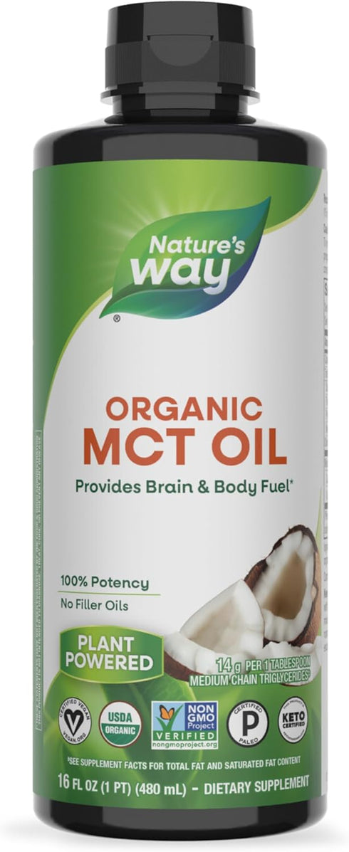 Nature's Way Organic MCT Oil, 16 Fl Oz, Brain and Body Fuel from Coconuts