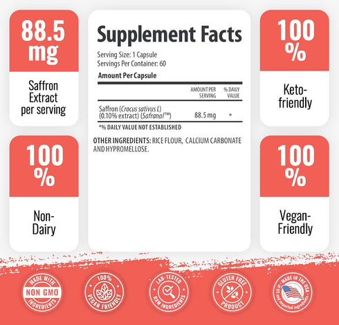 1 Body Saffron Extract 8825, Antioxidant & Mood Support, 88.5 mg Pure Safranal per Vegetarian Capsule