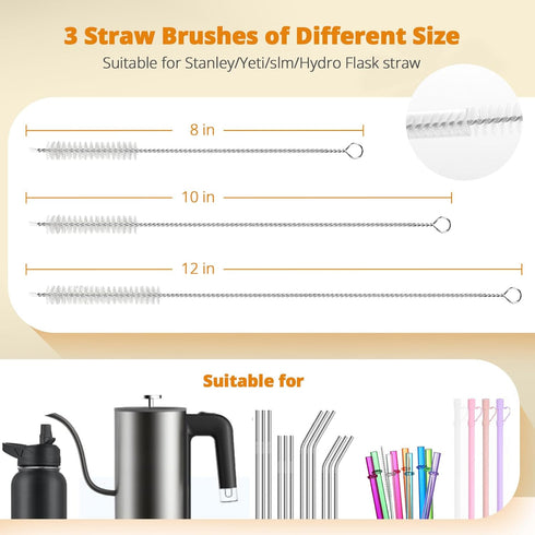 OUTXE 5 Pack Bottle Brush Set, 5-in-1 Water Bottle Cleaner, 15" Long Handle, 3 Straw Brushes, Detail Brush