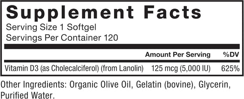 FORCE FACTOR Vitamin D3 5000 IU Softgels - 120 High-Potency Softgels for Immunity & Bone Health, No Preservatives