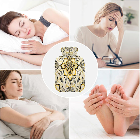 miaozhen 2L Tummy Paisley Flower Dark Black Yellow Gold Water Bottle for hot Water with Soft Cover Warmer Bag