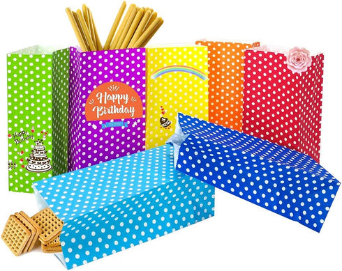 Striped and Polka Dot Paper Bags, Yellow Paper Lunch Bags for Wedding, Baby Shower, Birthday Party (50 PCS, 3.5 × 2.3 ×