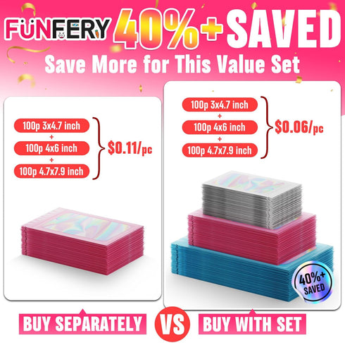 Funfery 300 Pack Mylar Holographic Bags with Clear Window, Resealable Smell Proof Zipper Foil Bags