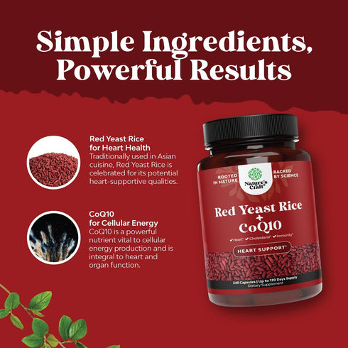 Red Yeast Rice with CoQ10 Supplement - Extra Strength 1200 mg Capsules for Heart Health, Vegan Non-GMO