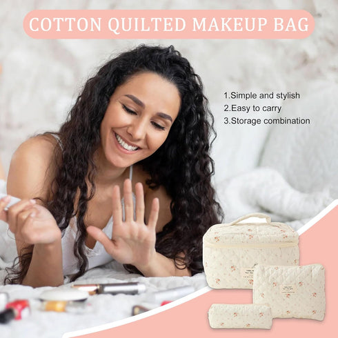 3Pcs Floral Quilted Makeup Bag Set, Aesthetic Large Capacity Travel Bags