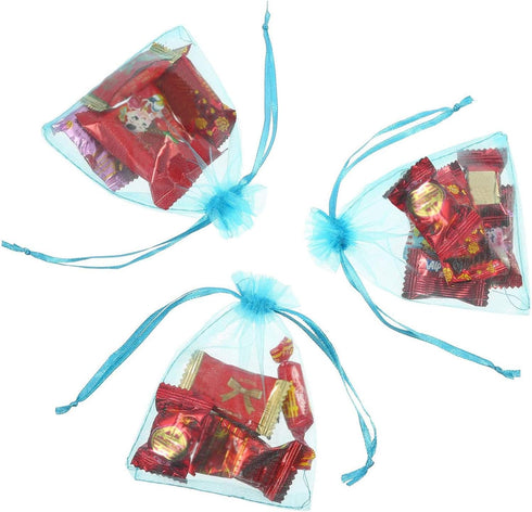 50 Pcs 4x6 Aqua Blue Gifts Wrap Bags, Organza Sheer Fabric Drawstring Mesh Bags for Baby Shower Favor
