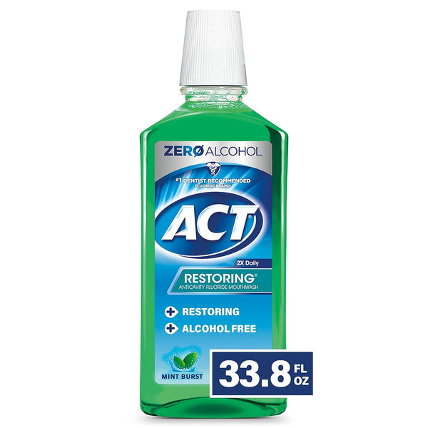 ACT Restoring Zero Alcohol Fluoride Mouthwash, 33.8 fl. oz. Mint Burst, Strengthens Tooth Enamel
