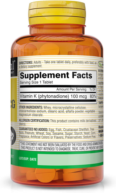 MASON NATURAL Vitamin K 100 mcg - Supports Joint and Bone Health, Helps The Body Transport Calcium, 100 Tablets (Pack of 3)