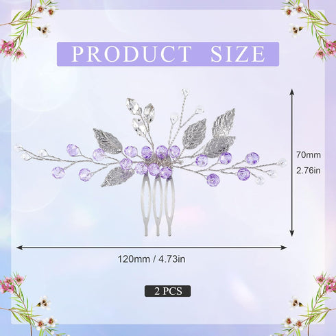 PAGOW 2PCS Leaf Hair Combs, Purple Rhinestone Hair Clips for Women, Girls, Bride, Bridesmaid