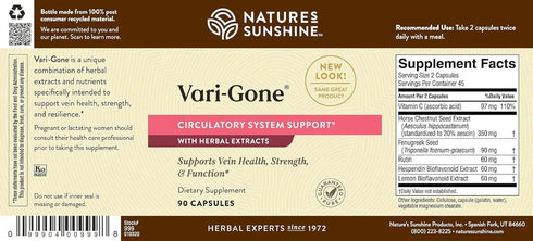 Nature's Sunshine Vari-Gone, 90 Capsules, Varicose Vein Supplements for Circulation Support