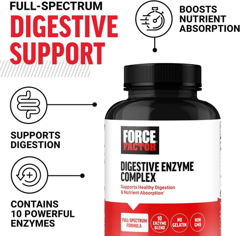 FORCE FACTOR Digestive Enzymes Complex to Support Digestive Health, Gut Health, and Provide Bloating Relief for Women and Men, Full-Spectrum 10 Digestive Enzymes, Non-GMO, 90 Capsules