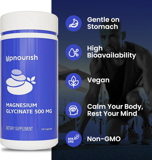 UpNourish Magnesium Glycinate Chelate 500mg Capsules, Pure Magnesium Supplement for Sleep & Calm Support