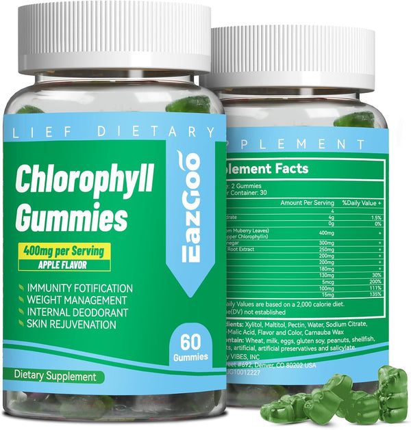 Sugar Free Chlorophyll Gummies, Vitamin B12 Zinc, Natural Deodorant, 60 Count Chewable Supplement