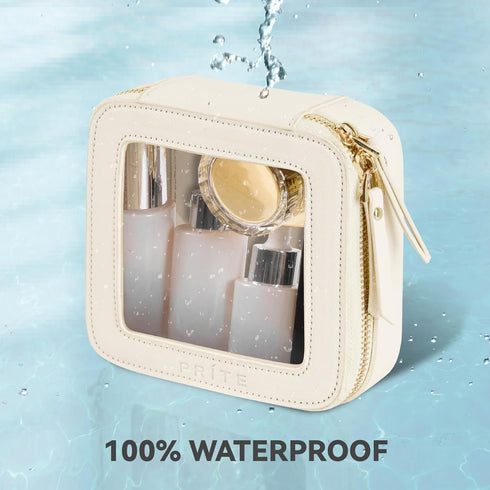Prite Small Makeup Bag for Women, Portable Clear Cosmetic Bag with Gold Zipper (Beige)