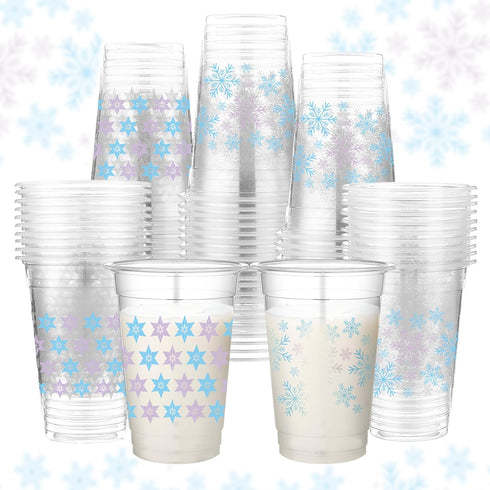 Havawish 100 Pcs Blue Winter Snowflake Plastic Cups 16 oz Disposable Clear Cups