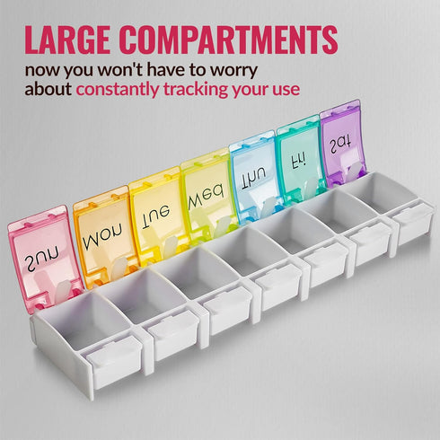 Weekly Pill Organizer, Pack of 2, Colorful 7-Day Easy Push Button Assisted Open for Seniors, BPA Free Daily Travel Pill
