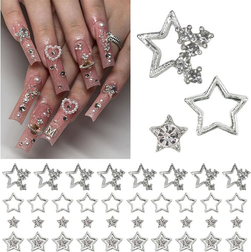 48Pcs Star Nail Charms for Acrylic Nails 3D Silver Tiny Rhinestones Gems Cute Pentagram Crystals Nail Art Supplies