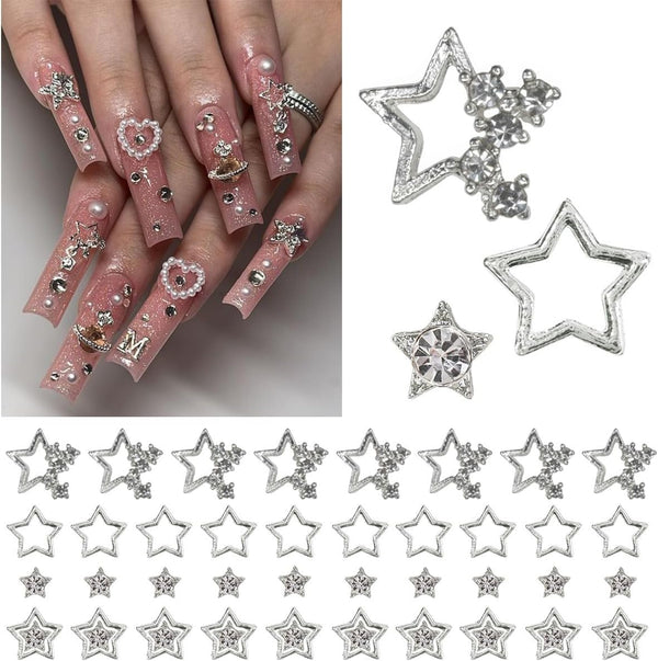48Pcs Star Nail Charms for Acrylic Nails 3D Silver Tiny Rhinestones Gems Cute Pentagram Crystals Nail Art Supplies