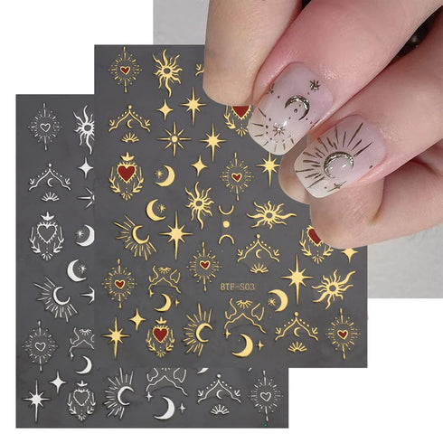 JMEOWIO 9 Sheets Moon Star Nail Art Stickers Decals Self-Adhesive Sun Nail Supplies for Decoration Accessories